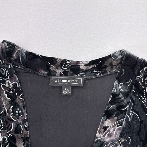 Elementz Top Womens Size XL Black Gray Burnout Velvet Built In Shirt Open Front - Picture 6 of 10